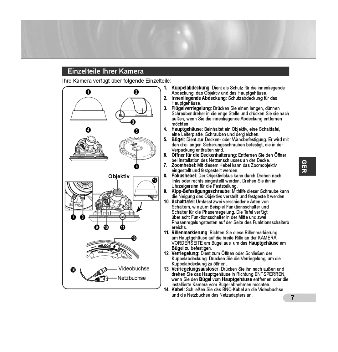 Samsung SCC-B5353P, SCC-B5352P manual Einzelteile Ihrer Kamera, Innenliegende Abdeckung Schutzabdeckung für das Hauptgehäuse 