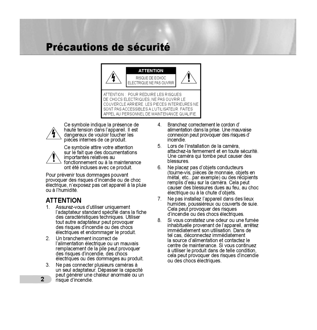 Samsung SCC-B5352SP, SCC-B5352P, SCC-B5353P, SCC-B5353SP manual Précautions de sécurité 