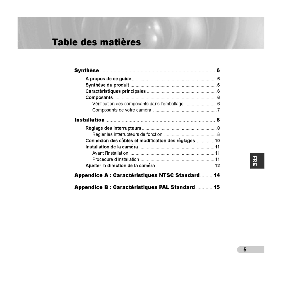 Samsung SCC-B5353P manual Table des matières, Réglage des interrupteurs, Connexion des câbles et modiﬁcation des réglages 