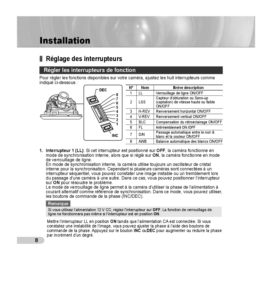 Samsung SCC-B5352P, SCC-B5353P manual Réglage des interrupteurs, Régler les interrupteurs de fonction, Nom Brève description 