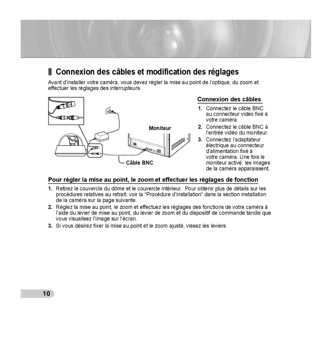 Samsung SCC-B5352SP, SCC-B5352P, SCC-B5353P, SCC-B5353SP manual Connexion des câbles et modiﬁcation des réglages 