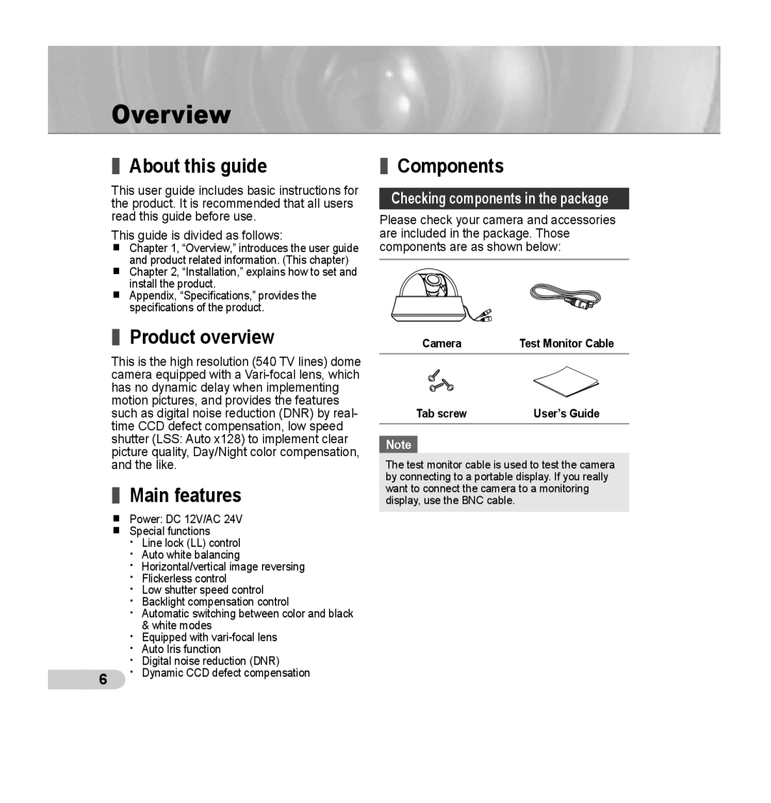 Samsung SCC-B5352SP, SCC-B5352P, SCC-B5353P manual Overview, About this guide, Product overview, Main features, Components 