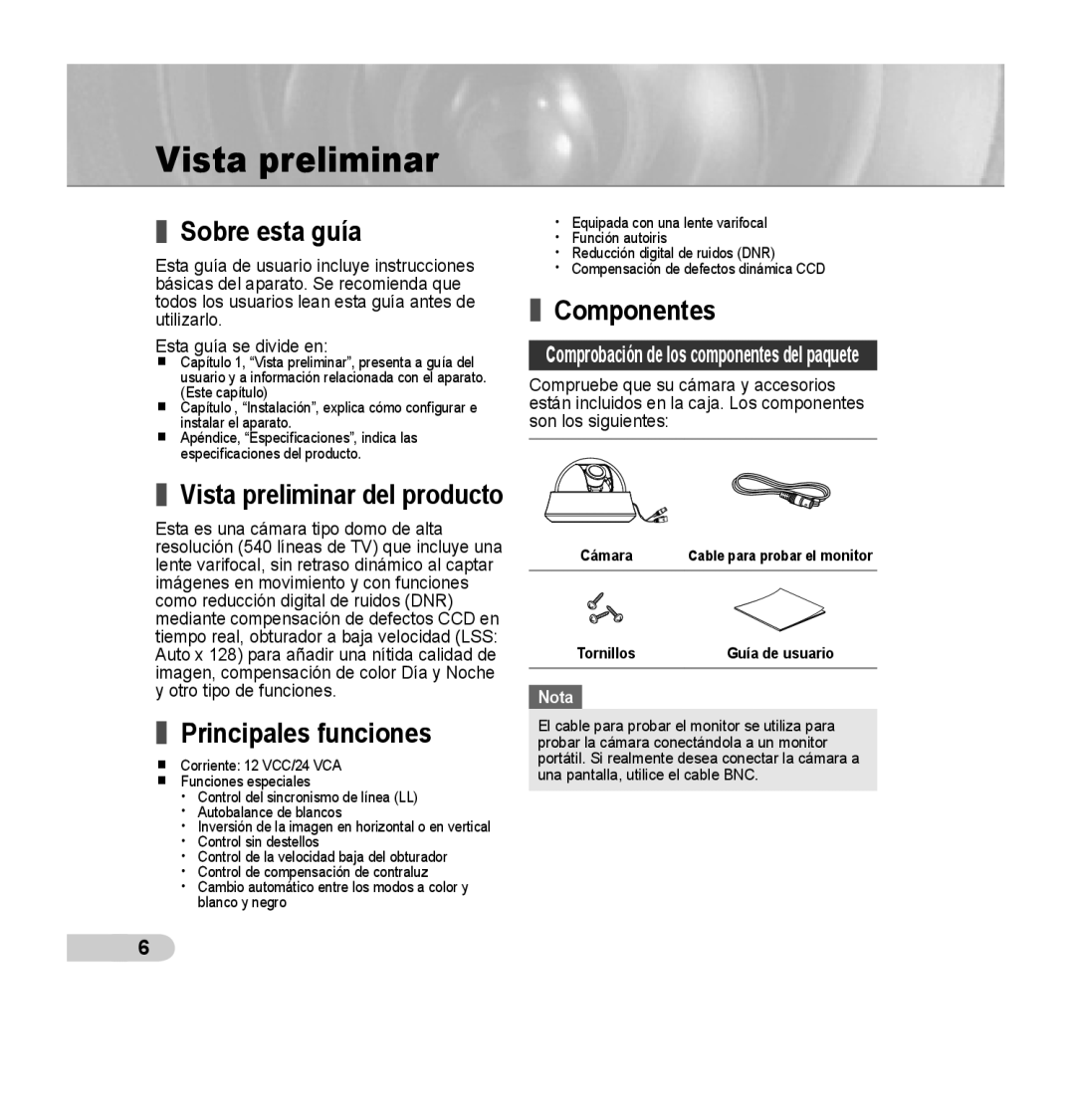 Samsung SCC-B5352P, SCC-B5353P, SCC-B5352SP manual Vista preliminar, Sobre esta guía, Principales funciones, Componentes 