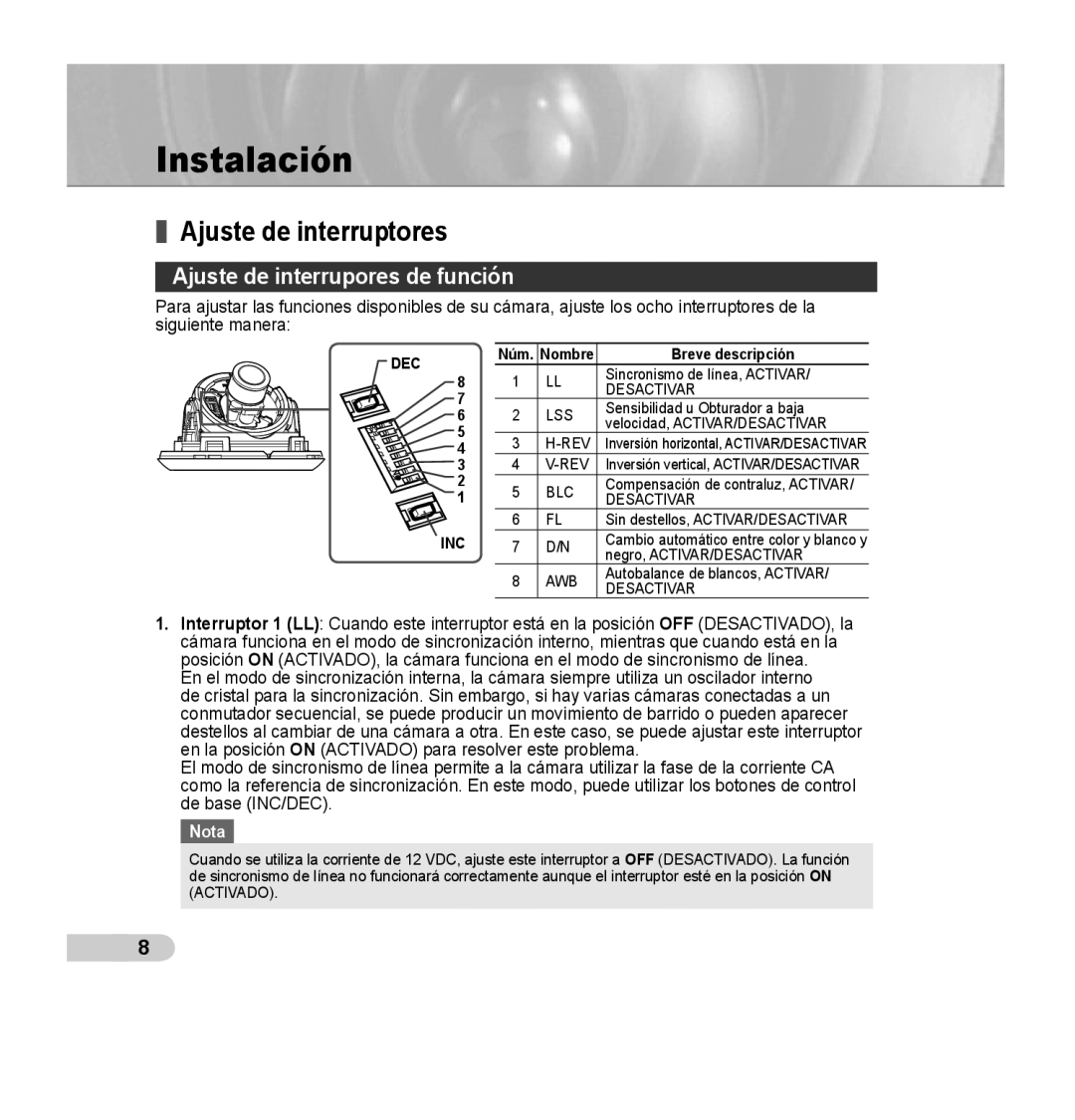 Samsung SCC-B5352SP Instalación, Ajuste de interruptores, Ajuste de interrupores de función, Núm. Nombre Breve descripción 