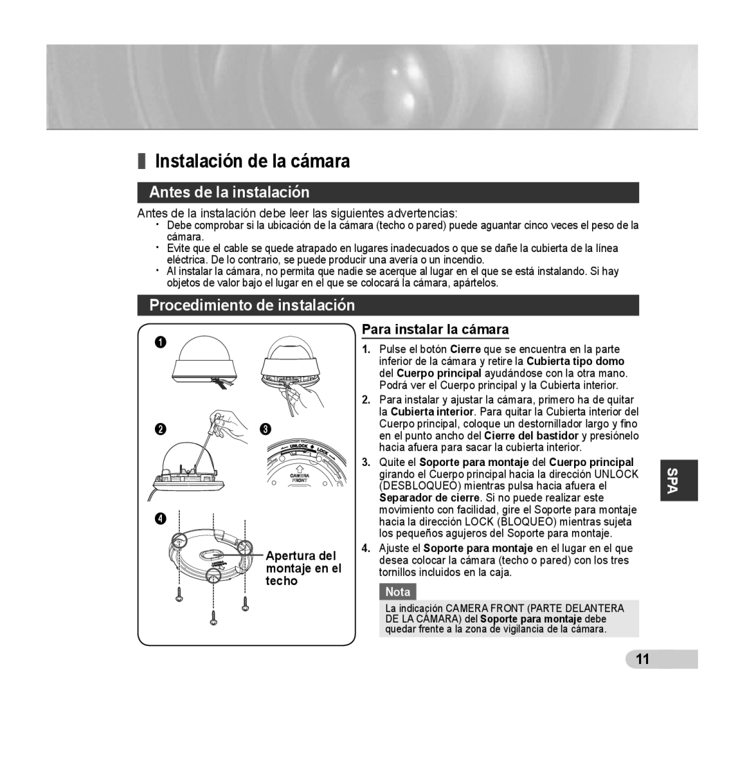 Samsung SCC-B5353P, SCC-B5352P, SCC-B5352SP manual Instalación de la cámara, Antes de la instalación, Para instalar la cámara 