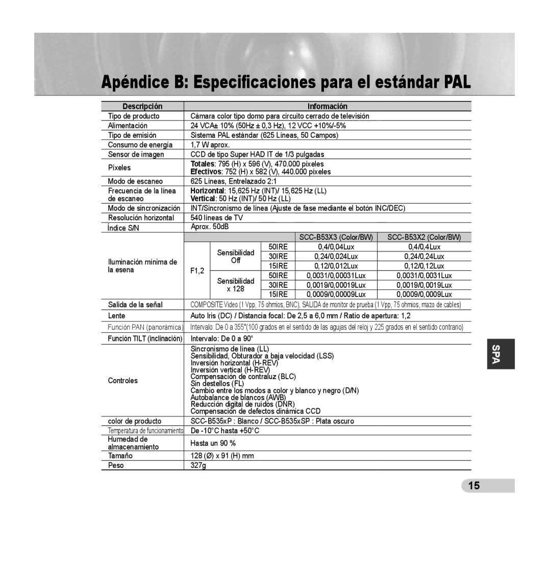 Samsung SCC-B5353P, SCC-B5352P, SCC-B5352SP, SCC-B5353SP manual Apéndice B Especiﬁcaciones para el estándar PAL 