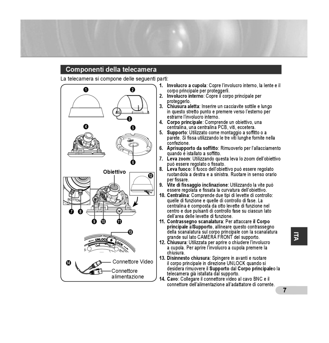 Samsung SCC-B5353SP, SCC-B5352P, SCC-B5353P, SCC-B5352SP manual Componenti della telecamera, Obiettivo 