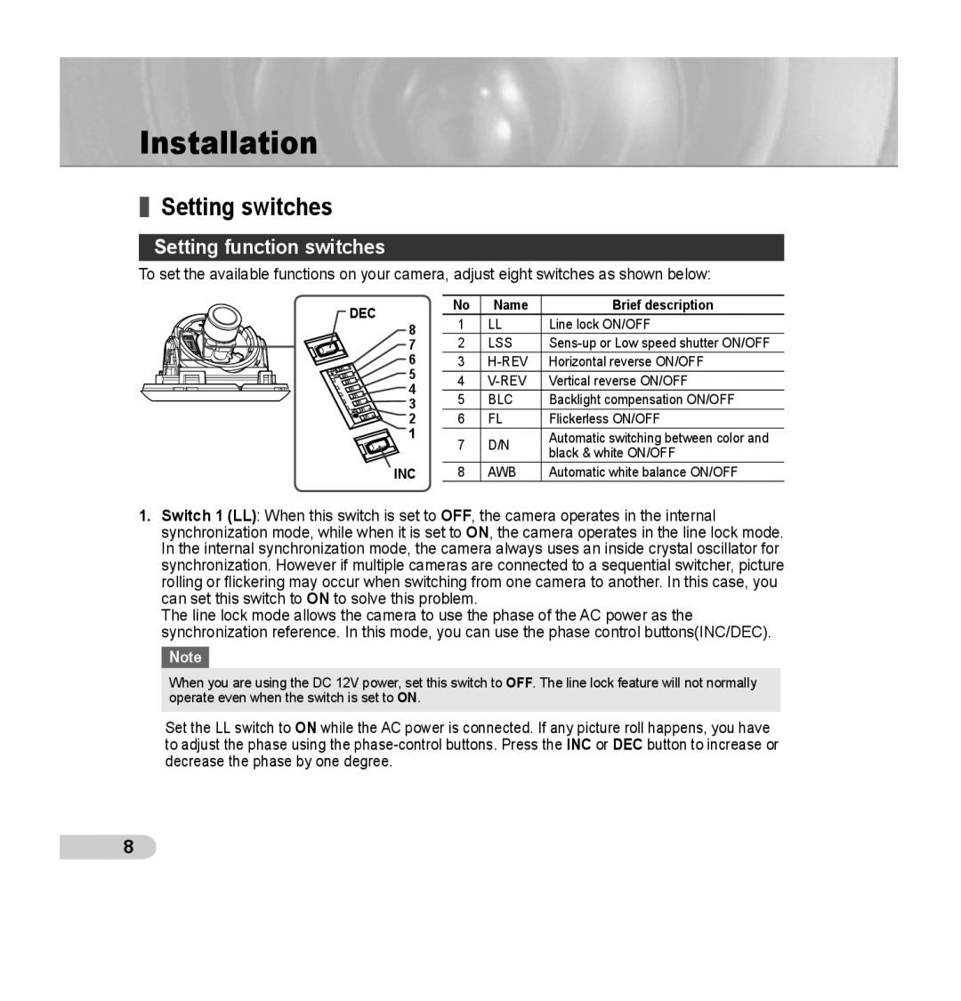 Samsung SCC-B5352P, SCC-B5353P manual Installation, Setting switches, Setting function switches, Name Brief description 