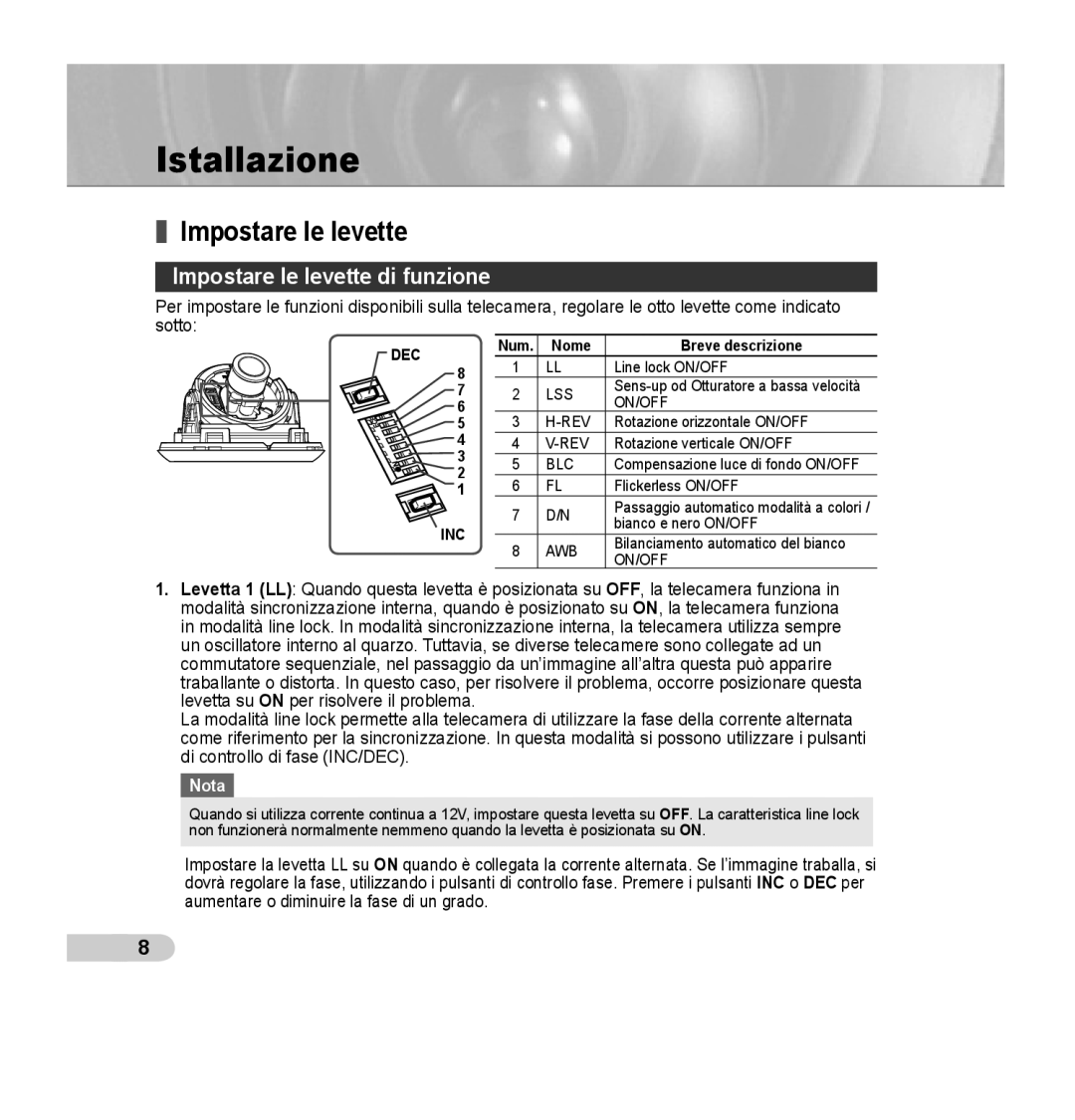 Samsung SCC-B5352P, SCC-B5353P, SCC-B5352SP manual Istallazione, Impostare le levette di funzione, Nome Breve descrizione 