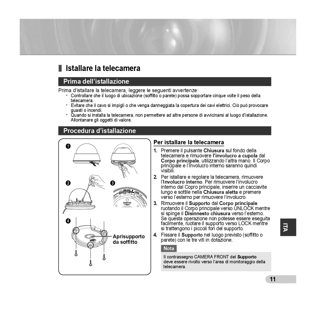 Samsung SCC-B5353SP, SCC-B5352P, SCC-B5353P manual Istallare la telecamera, Prima dell’istallazione, Procedura d’istallazione 