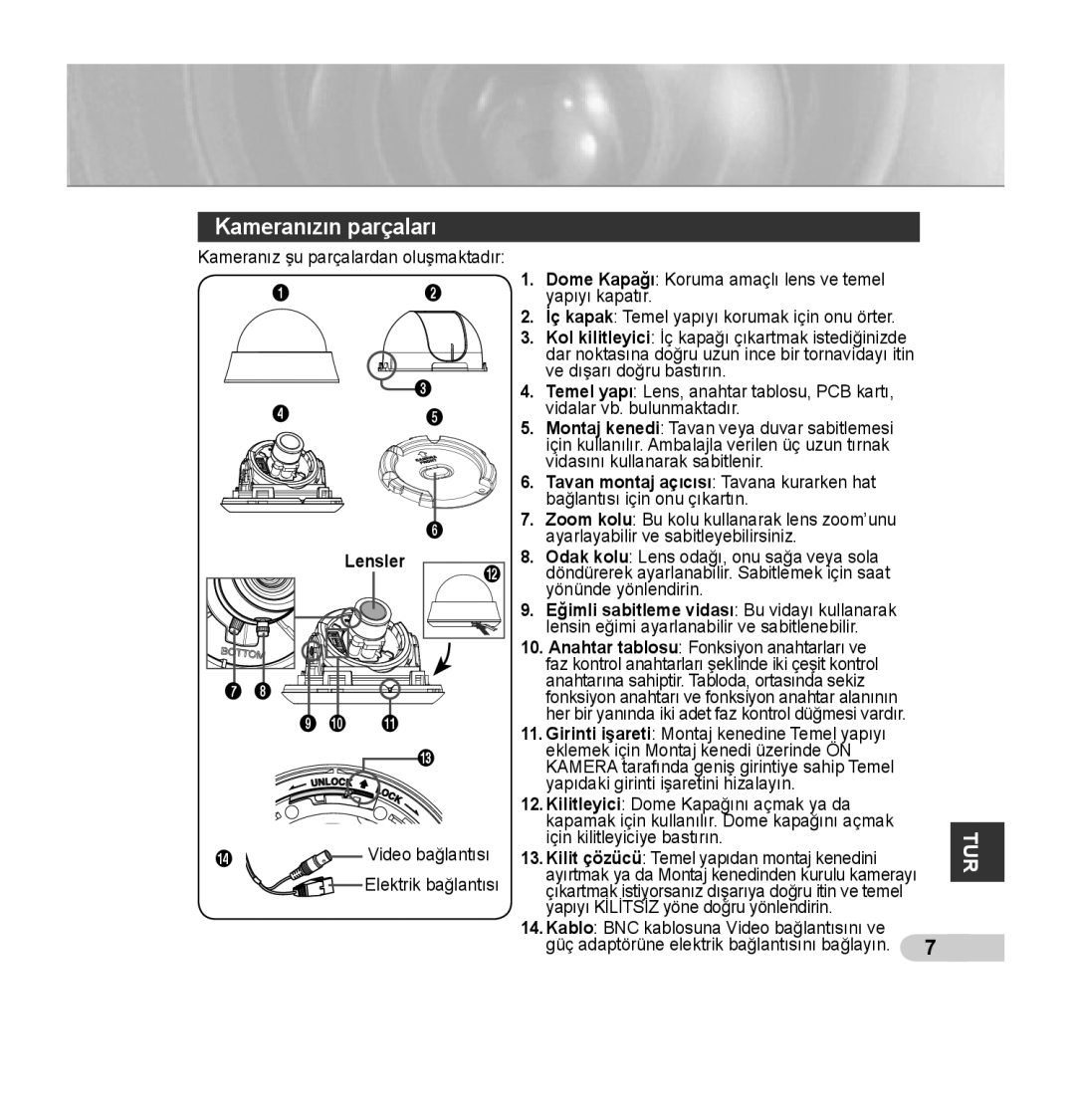 Samsung SCC-B5353P, SCC-B5352P, SCC-B5352SP, SCC-B5353SP manual Kameranızın parçaları, Lensler 