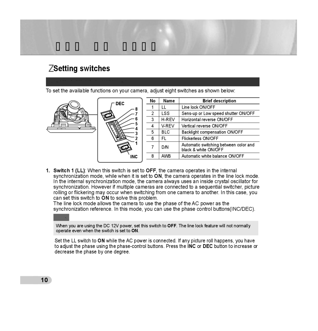 Samsung SCC-B5352SP, SCC-B5352P, SCC-B5353P, SCC-B5353SP manual Installation, Setting switches, Setting function switches 