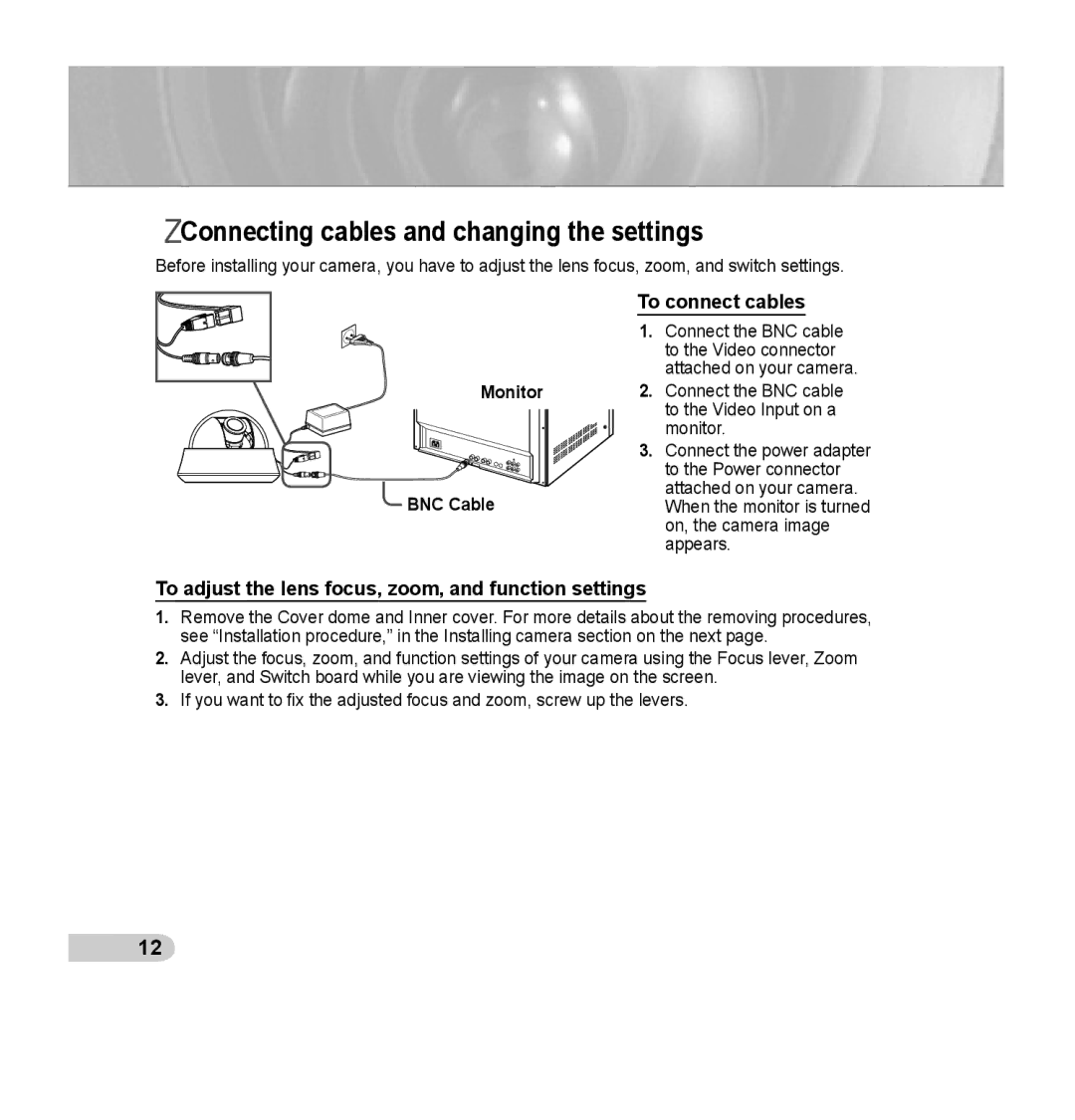 Samsung SCC-B5352P, SCC-B5353P, SCC-B5352SP, SCC-B5353SP manual Connecting cables and changing the settings, To connect cables 