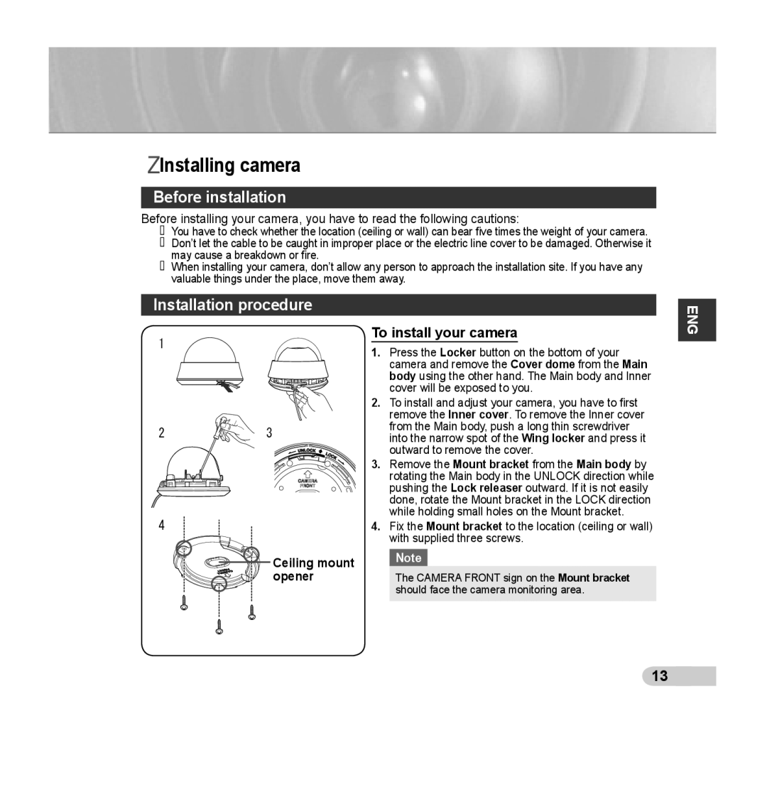 Samsung SCC-B5353P, SCC-B5352P, SCC-B5352SP, SCC-B5353SP manual Installing camera, Before installation, Installation procedure 