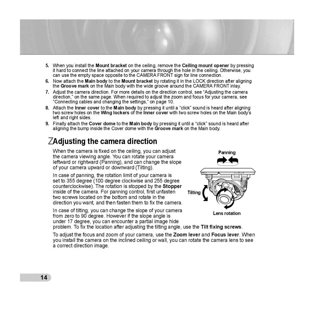 Samsung SCC-B5352SP, SCC-B5352P, SCC-B5353P, SCC-B5353SP manual Adjusting the camera direction 