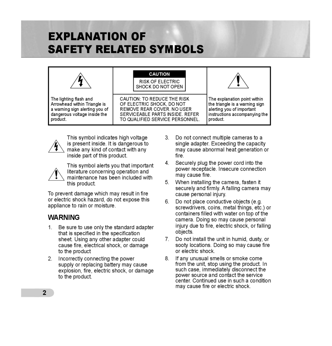 Samsung SCC-B5352SP, SCC-B5352P, SCC-B5353P, SCC-B5353SP manual Explanation Safety Related Symbols 