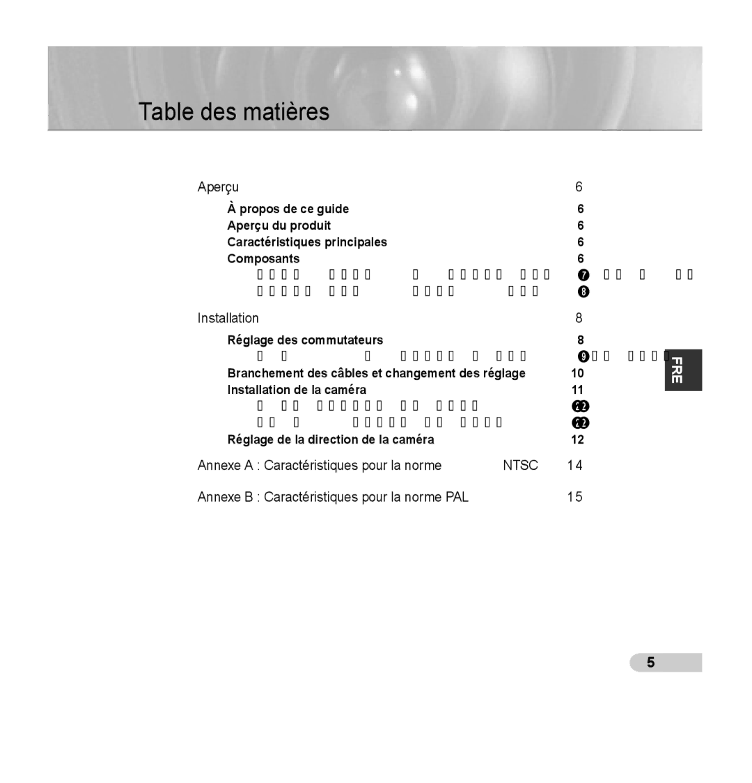 Samsung SCC-B5353SP, SCC-B5352P, SCC-B5353P, SCC-B5352SP manual Table des matières 