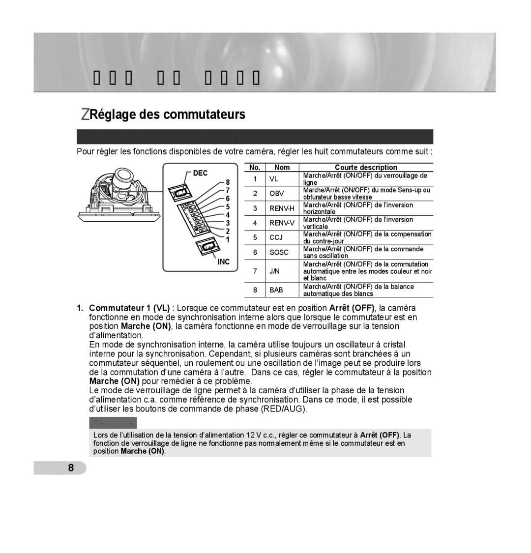 Samsung SCC-B5352SP, SCC-B5352P, SCC-B5353P, SCC-B5353SP manual Réglage des commutateurs de fonction 