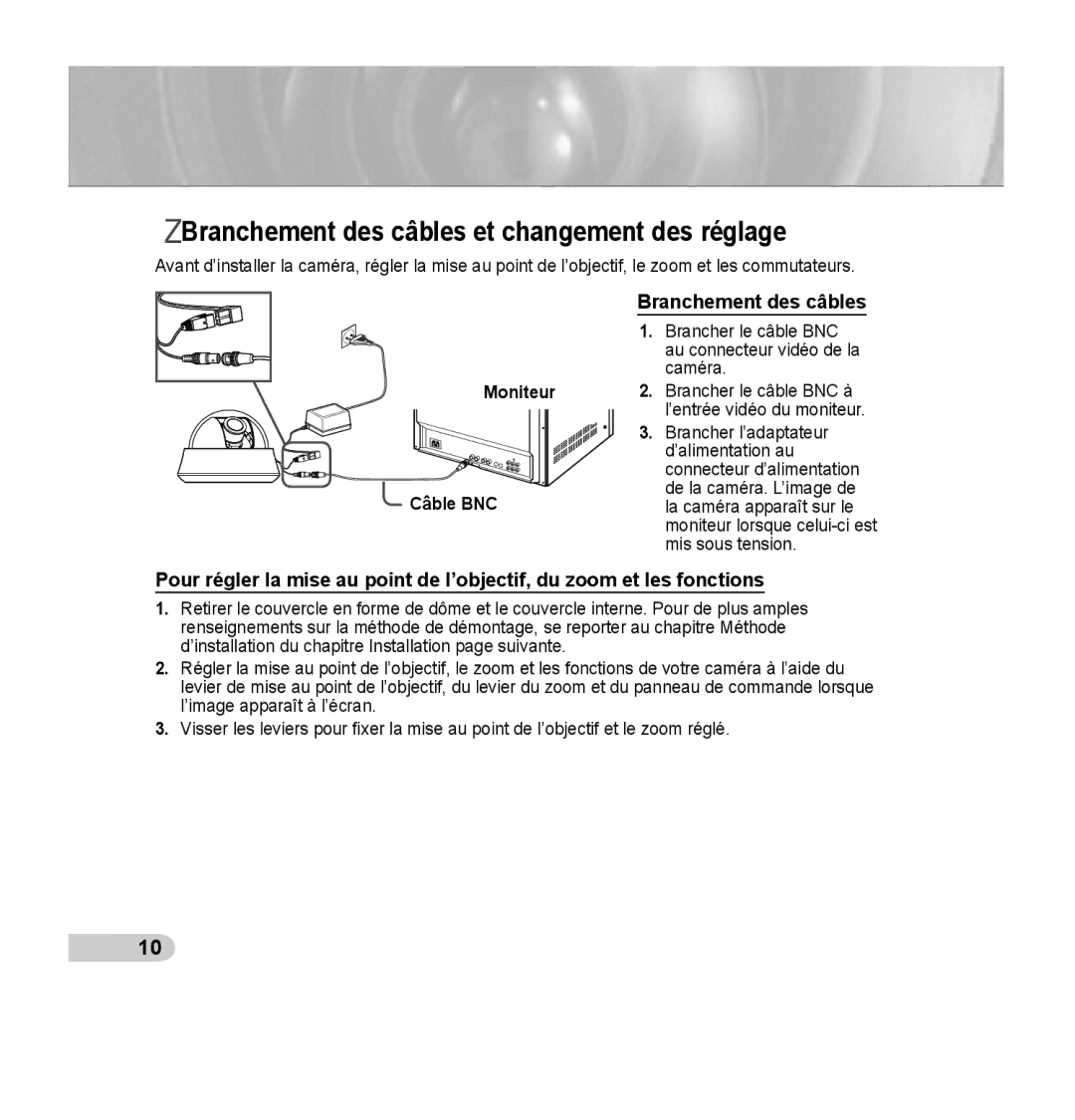 Samsung SCC-B5352P, SCC-B5353P, SCC-B5352SP, SCC-B5353SP manual Branchement des câbles et changement des réglage 