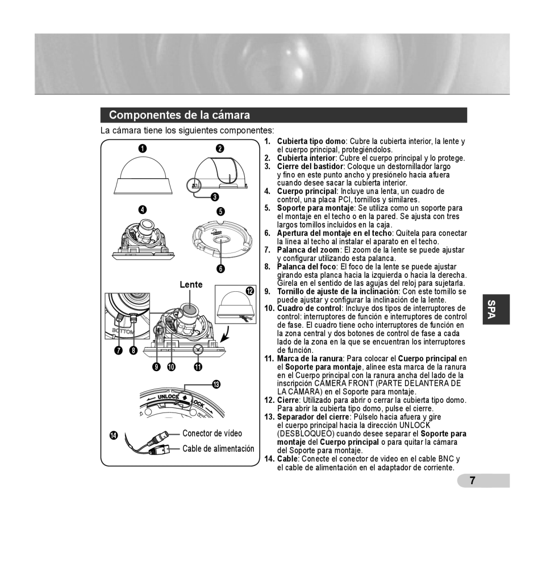 Samsung SCC-B5353P, SCC-B5352P, SCC-B5352SP, SCC-B5353SP manual Componentes de la cámara, Lente 