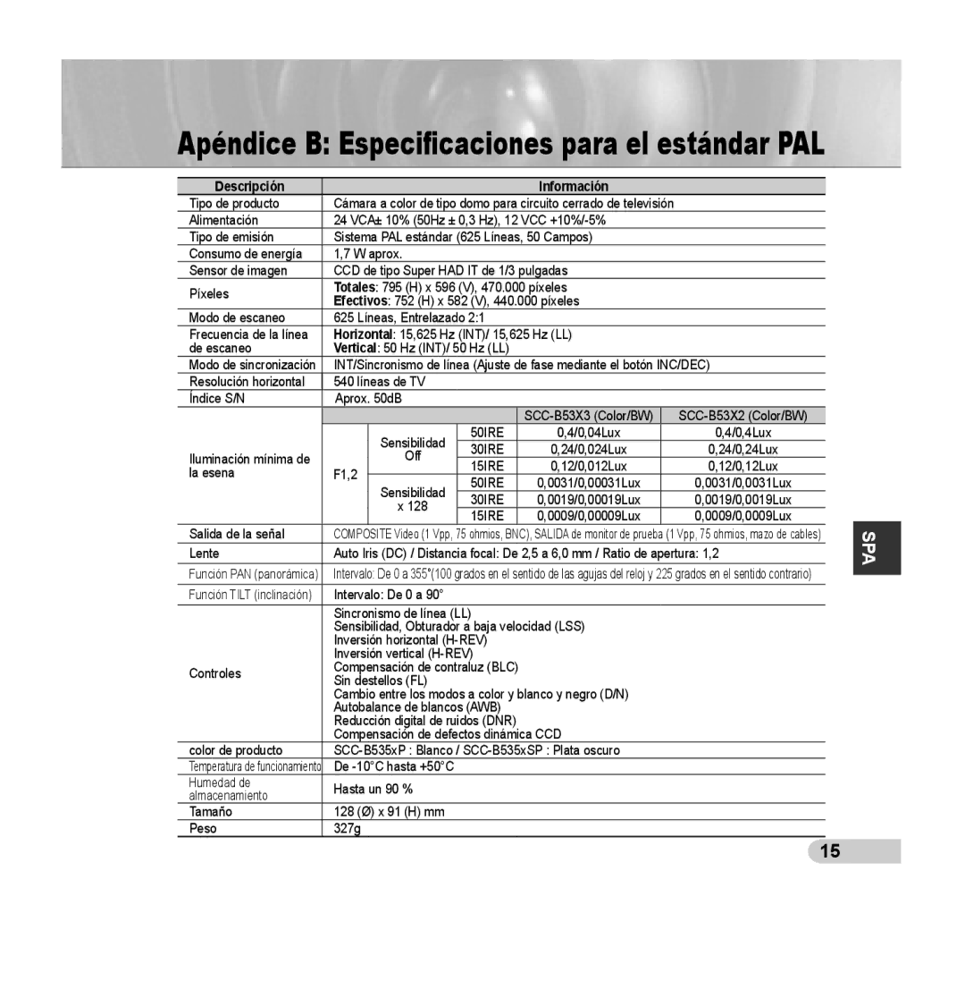 Samsung SCC-B5353P, SCC-B5352P, SCC-B5352SP, SCC-B5353SP manual Apéndice B Especiﬁcaciones para el estándar PAL 