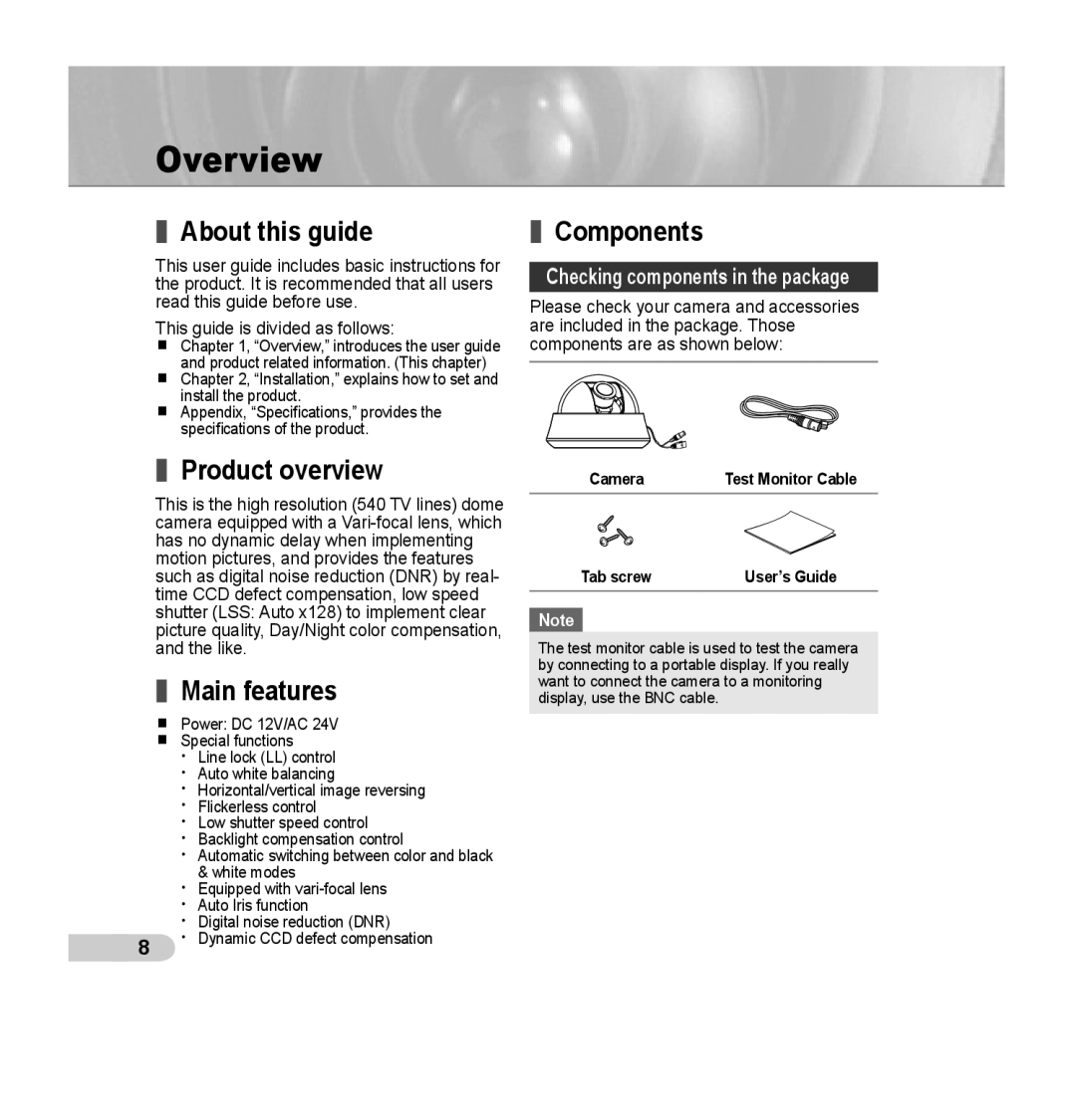 Samsung SCC-B5352P, SCC-B5353P, SCC-B5352SP manual Overview, About this guide, Product overview, Main features, Components 