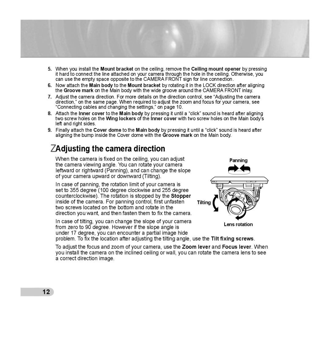 Samsung SCC-B5352P, SCC-B5353P, SCC-B5352SP, SCC-B5353SP manual Adjusting the camera direction 