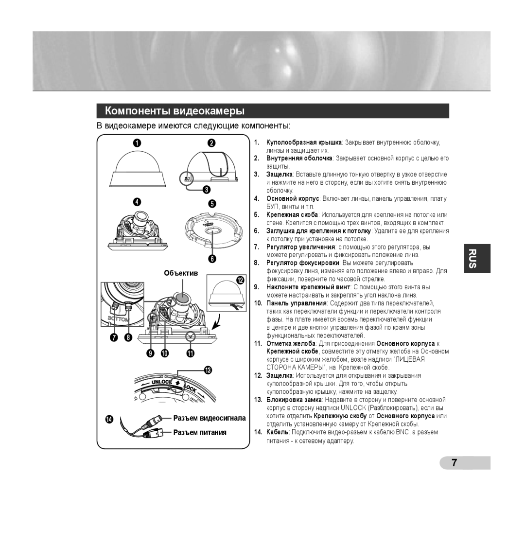 Samsung SCC-B5353P, SCC-B5352P, SCC-B5352SP, SCC-B5353SP Компоненты видеокамеры, Видеокамере имеются следующие компоненты 