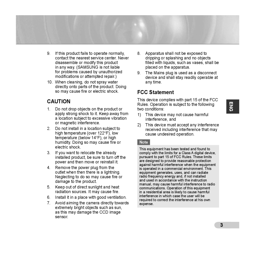 Samsung SCC-B5353SP, SCC-B5352P, SCC-B5353P, SCC-B5352SP manual FCC Statement 