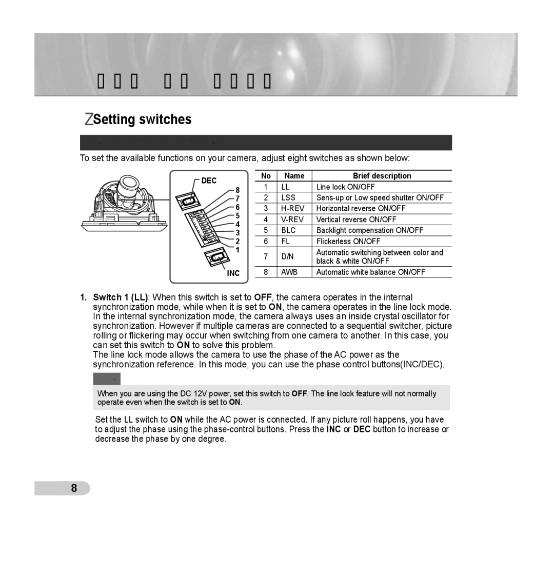 Samsung SCC-B5352P, SCC-B5353P, SCC-B5352SP, SCC-B5353SP manual Installation, Setting switches, Setting function switches 