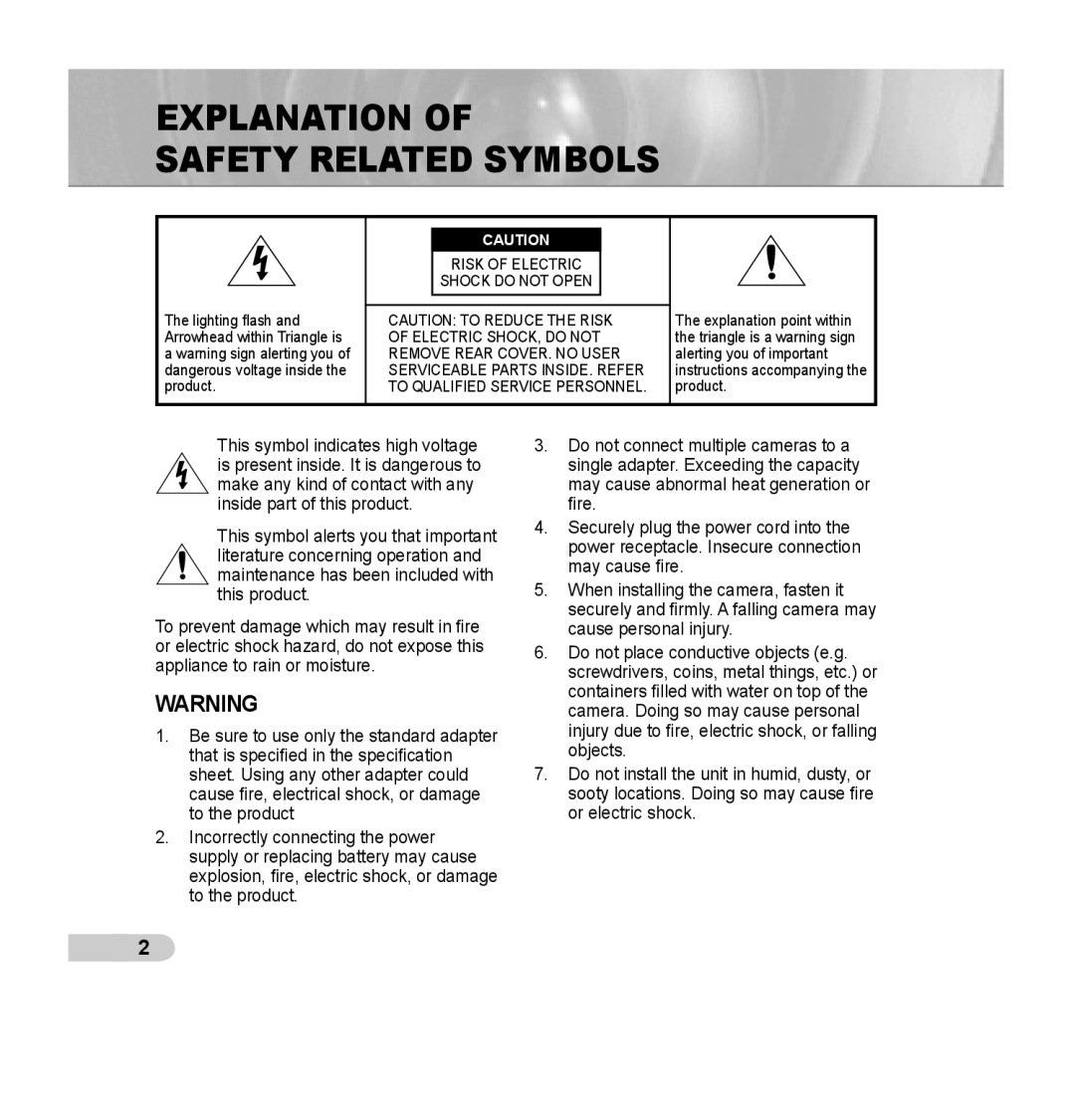 Samsung SCC-B5353N, SCC-B5352SN, SCC-B5352P, SCC-B5352N, SCC-B5353SN, SCC-B5353P manual Explanation Safety Related Symbols 