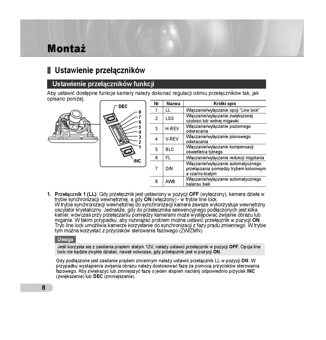 Samsung SCC-B5355P, SCC-B5354P manual Montaż, Ustawienie przełączników funkcji 