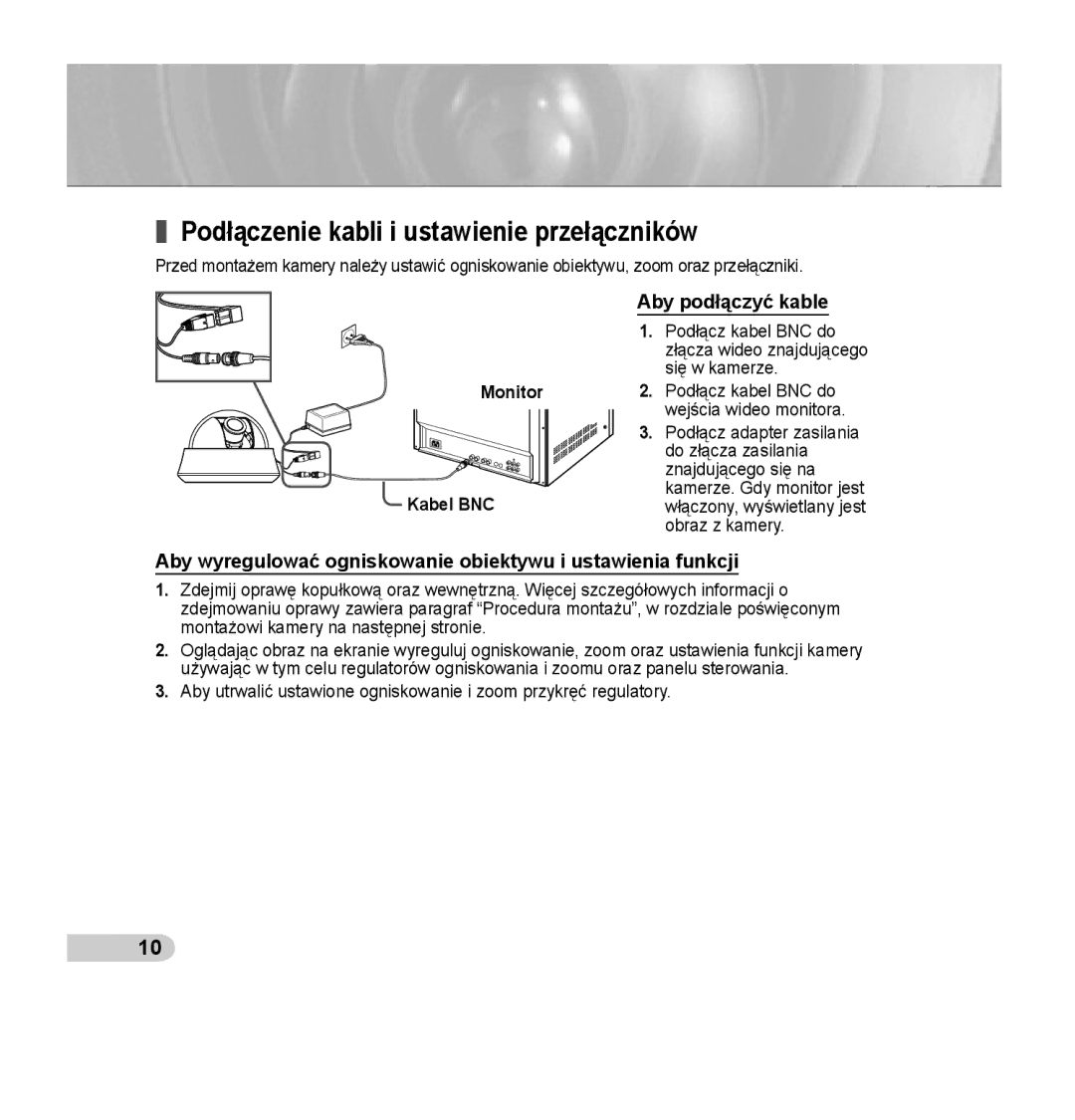 Samsung SCC-B5355P, SCC-B5354P manual Podłączenie kabli i ustawienie przełączników, Aby podłączyć kable 