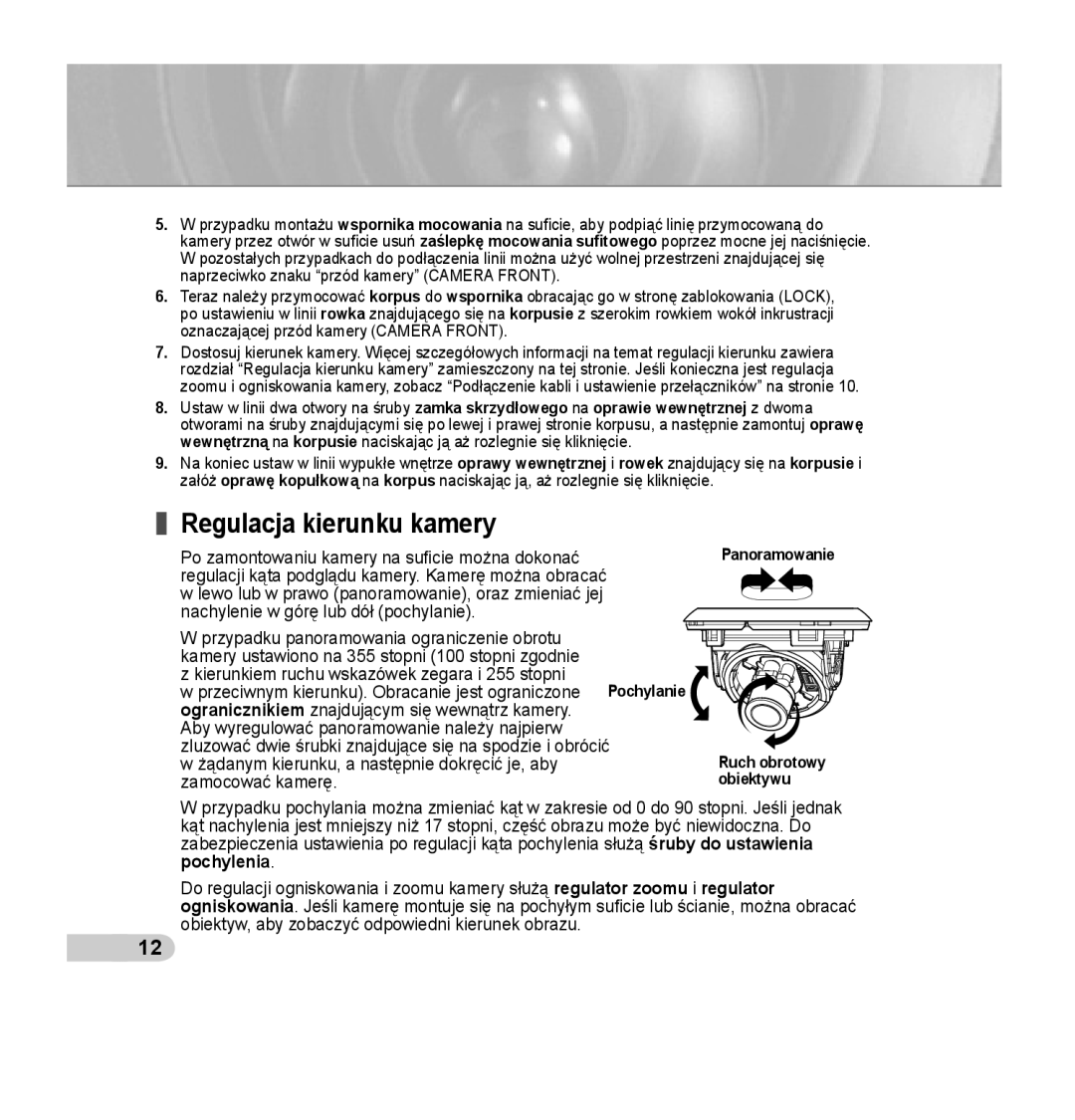 Samsung SCC-B5355P, SCC-B5354P manual Regulacja kierunku kamery 