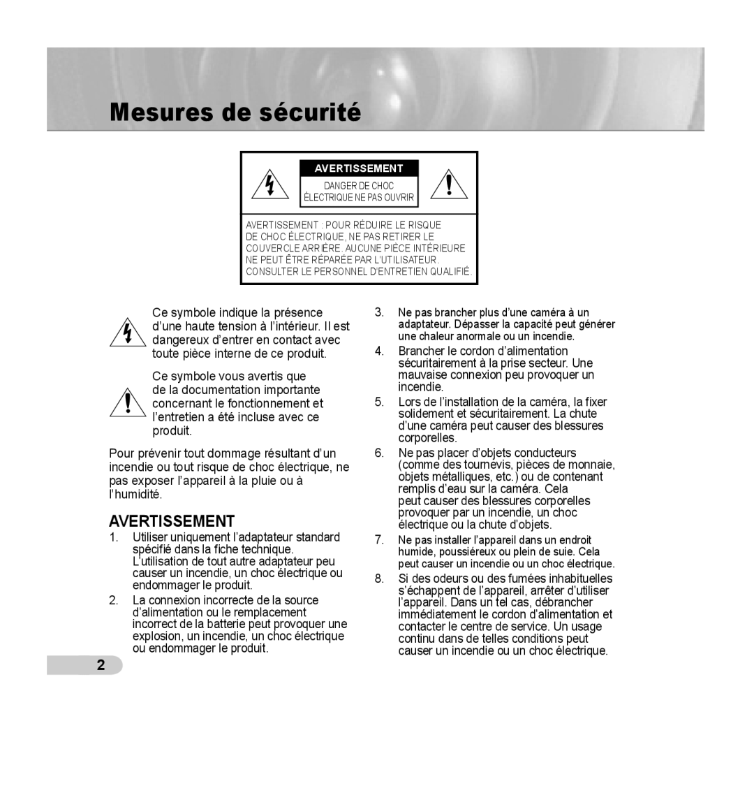 Samsung SCC-B5355(S) manual Mesures de sécurité, Avertissement 