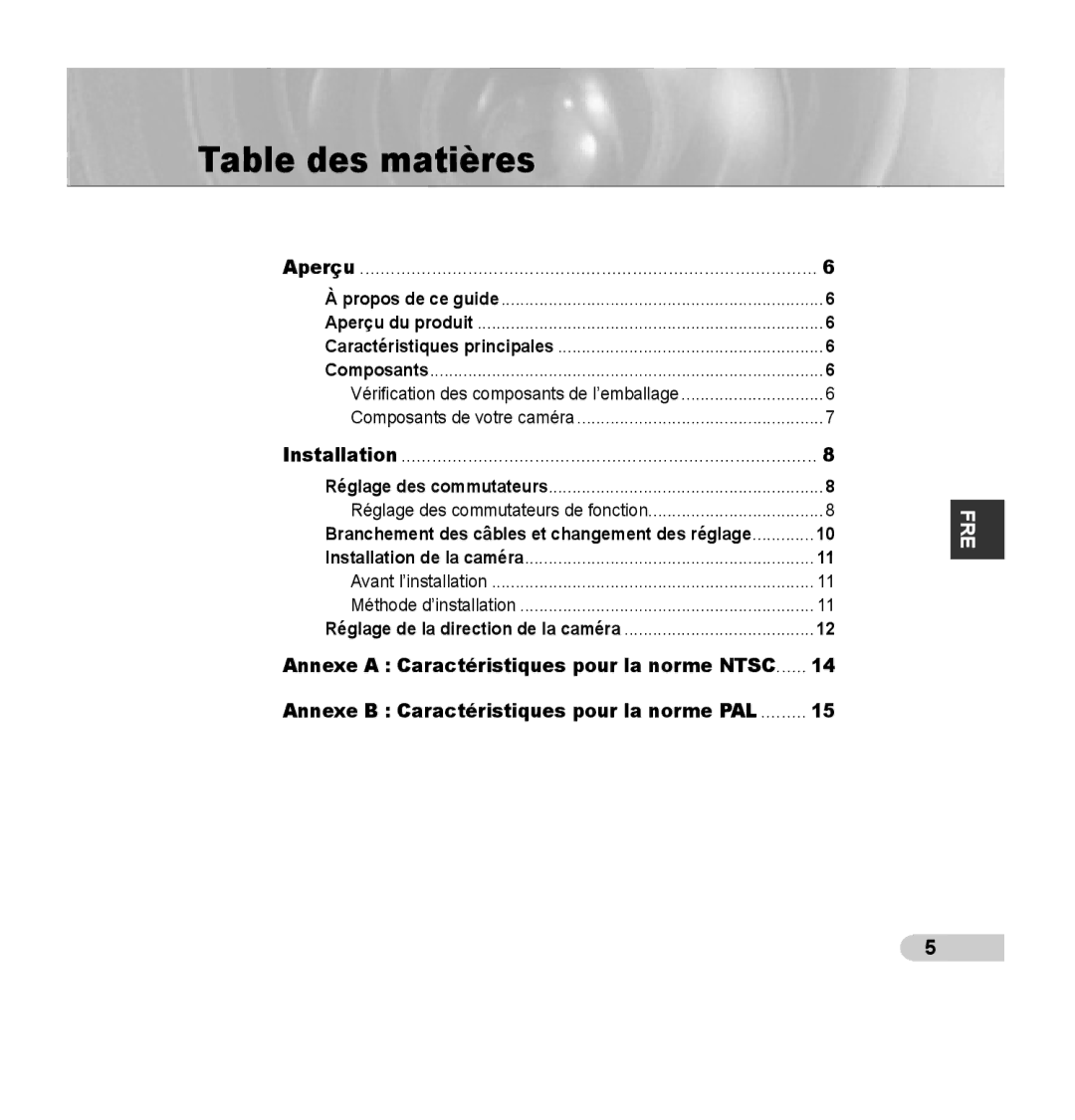 Samsung SCC-B5355(S) manual Table des matières 