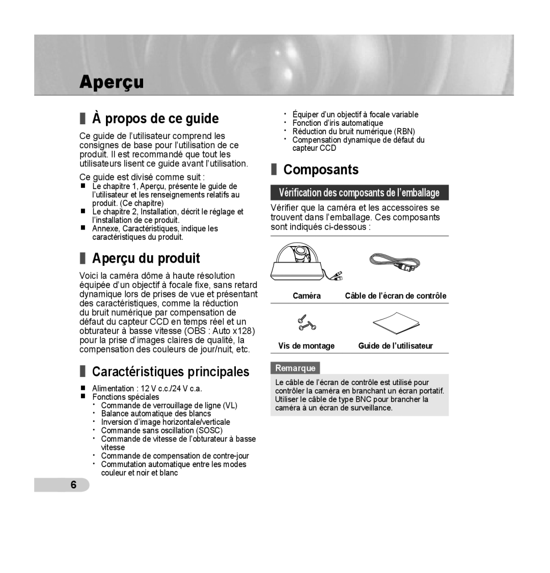 Samsung SCC-B5355(S) manual Propos de ce guide, Composants, Aperçu du produit 