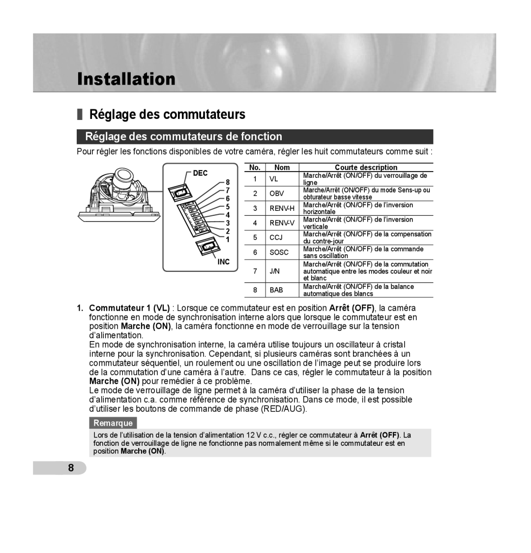 Samsung SCC-B5355(S) manual Réglage des commutateurs de fonction 