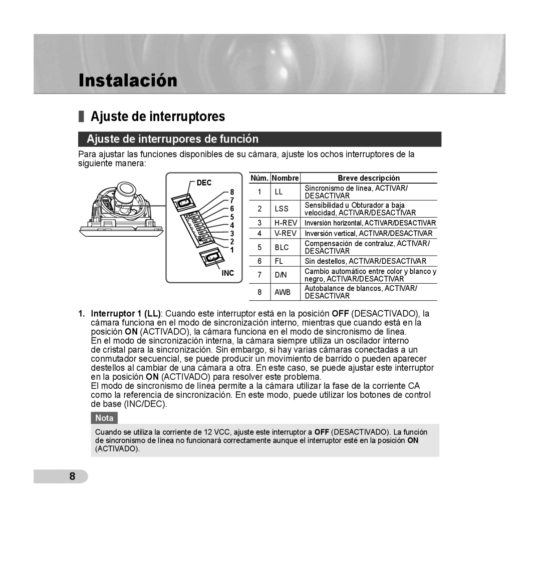 Samsung SCC-B5355(S) manual Instalación, Ajuste de interruptores, Ajuste de interrupores de función 