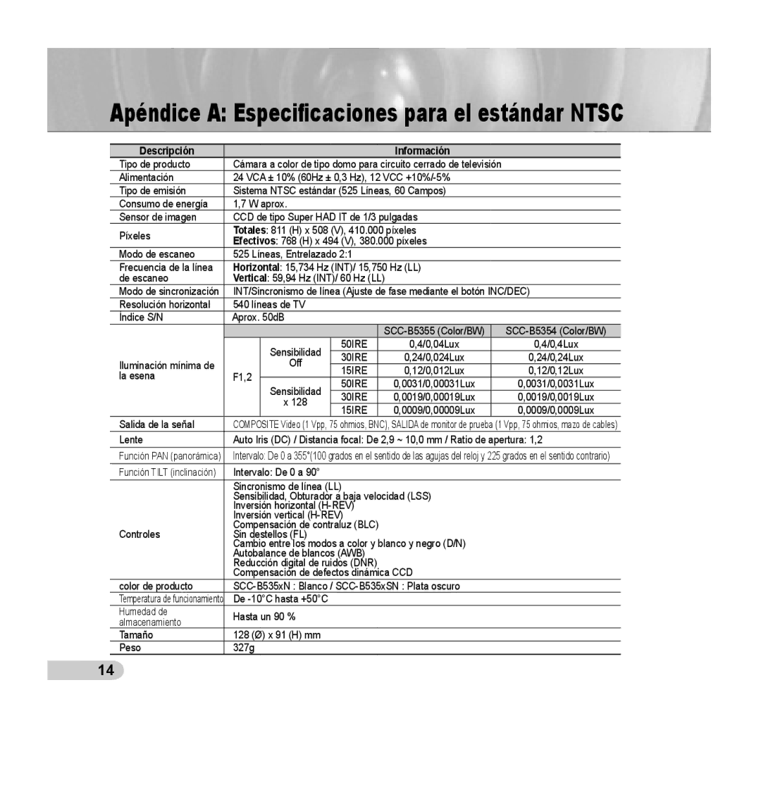 Samsung SCC-B5355(S) manual Apéndice a Especiﬁcaciones para el estándar Ntsc, Descripción Información 