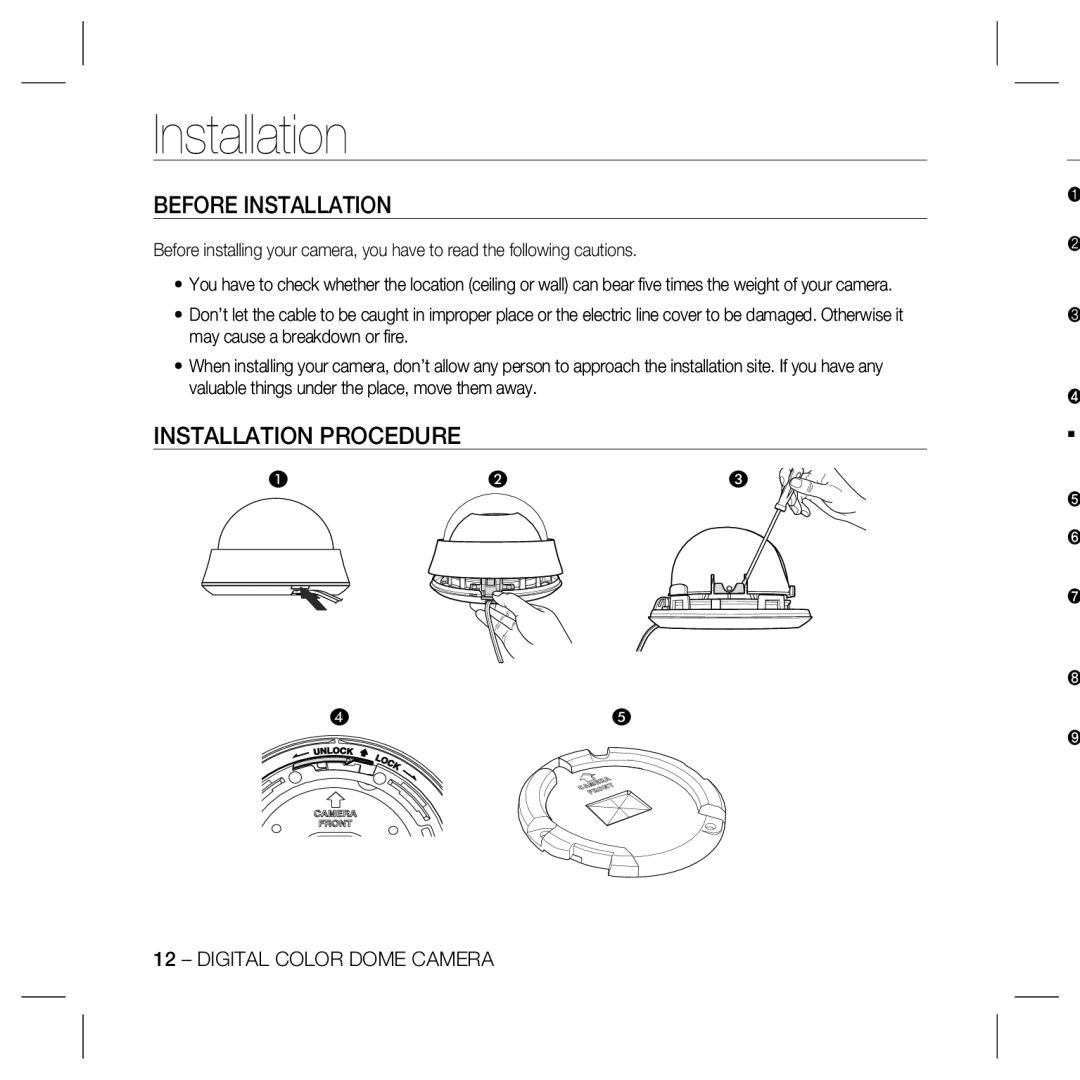 Samsung SCC-B5367, SCC-B5369N, SCC-B5369SN, SCC-B5369SP, SCC-B5369P Before Installation, Installation Procedure 