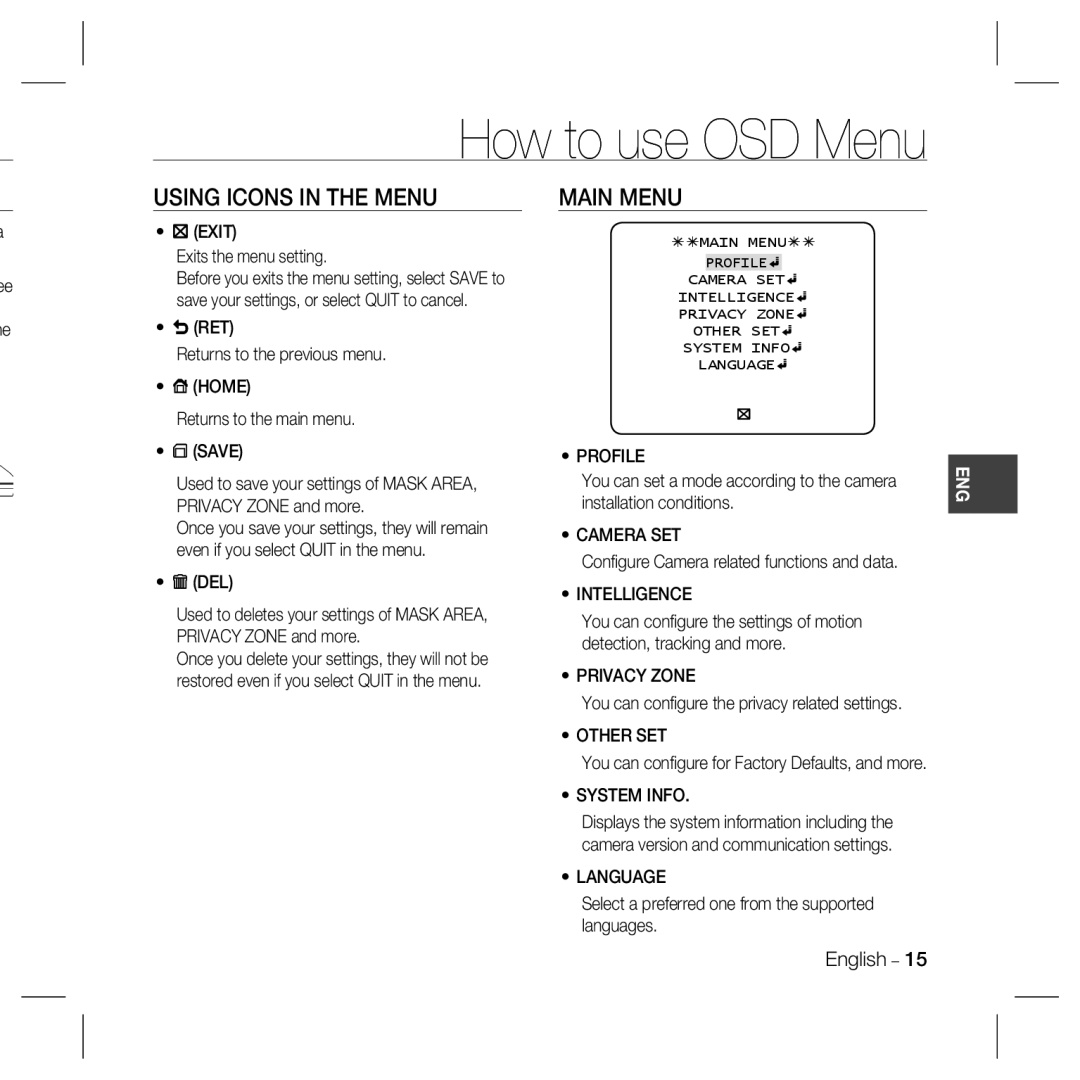 Samsung SCC-B5369SN, SCC-B5367, SCC-B5369N, SCC-B5369SP, SCC-B5369P How to use OSD Menu, Using Icons in the Menu, Main Menu 