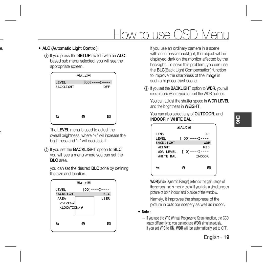 Samsung SCC-B5367SN Level menu is used to adjust, Brightness and will decrease it, You will see a menu where you can set 