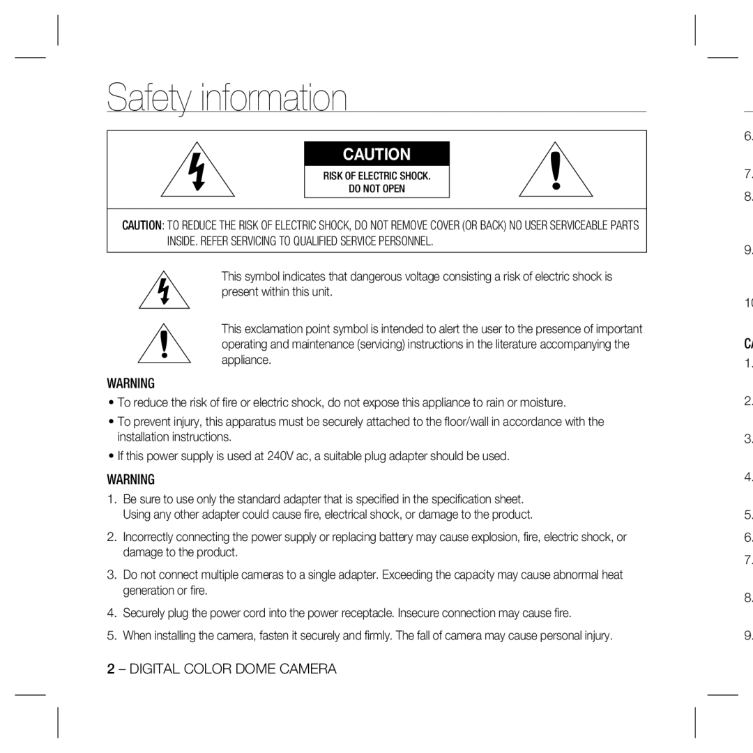 Samsung SCC-B5369N, SCC-B5369SN, SCC-B5369SP, SCC-B5369P, SCC-B5367SN, SCC-B5367SP, SCC-B5367P, SCC-B5367N Safety information 