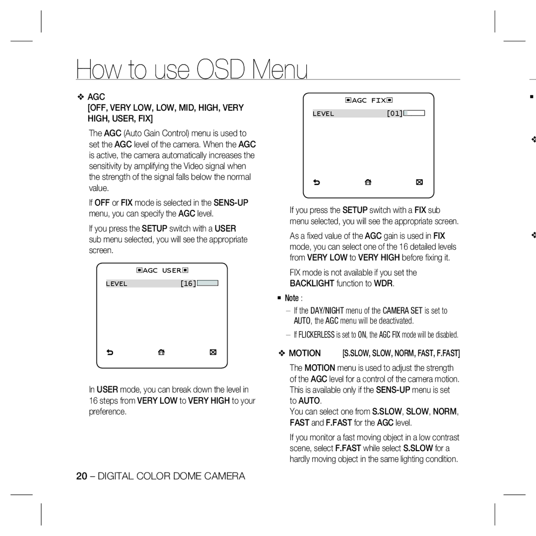 Samsung SCC-B5367SP, SCC-B5369N, SCC-B5369SN, SCC-B5369SP AGC OFF, Very LOW, LOW, MID, HIGH, Very HIGH, USER, FIX, Motion 