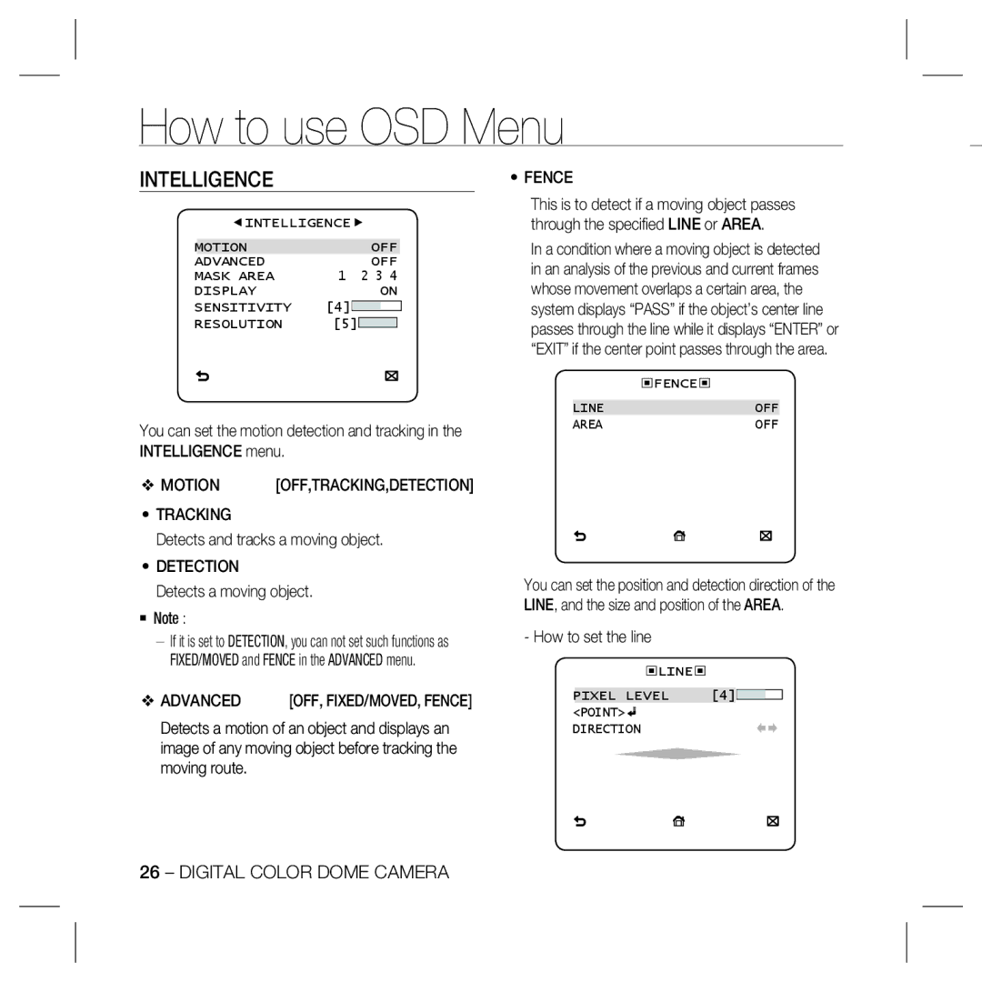 Samsung SCC-B5369N, SCC-B5367, SCC-B5369SN, SCC-B5369SP, SCC-B5369P Intelligence, Tracking, Detection, Advanced, Fence 