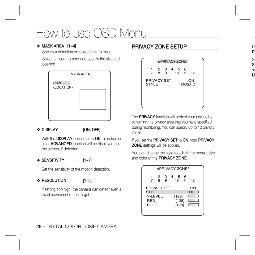 Samsung SCC-B5369SP Mask Area 1~4, Display, Sensitivity, Set the sensitivity of the motion detection, Resolution 