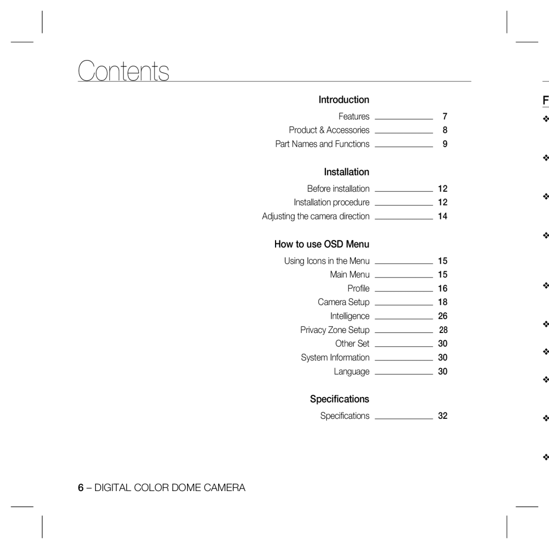 Samsung SCC-B5369P, SCC-B5369N, SCC-B5369SN, SCC-B5369SP, SCC-B5367SN, SCC-B5367SP, SCC-B5367P, SCC-B5367N user manual Contents 