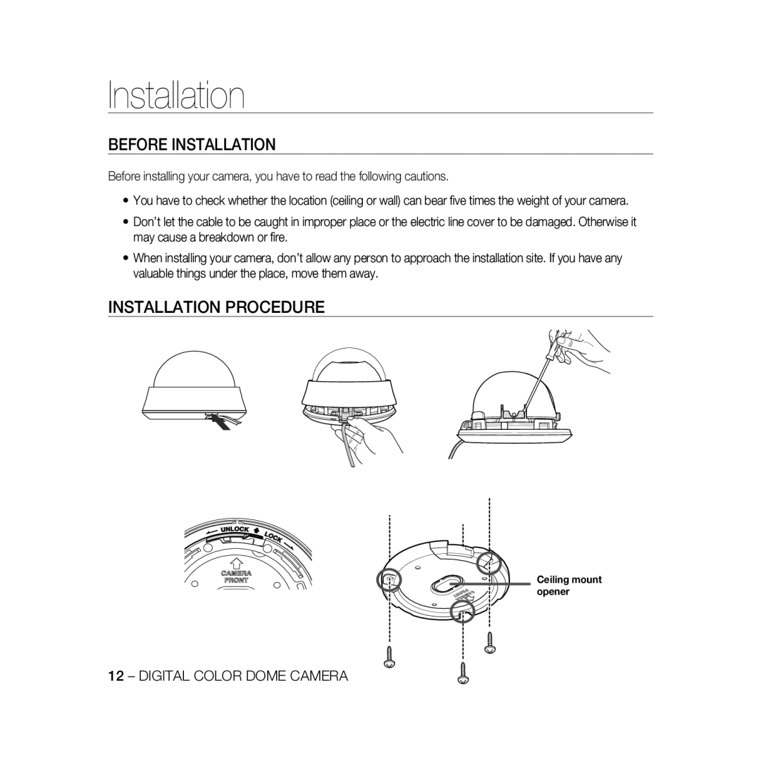 Samsung SCC-B5367, SCC-B5369 user manual Before Installation, Installation Procedure 