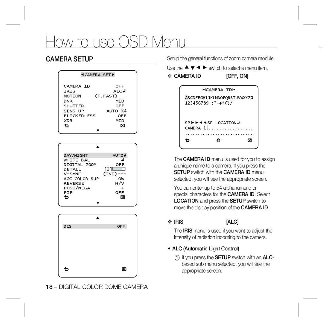 Samsung SCC-B5368S, SCC-B5366S user manual Camera Setup, OFF, on, Iris ALC 